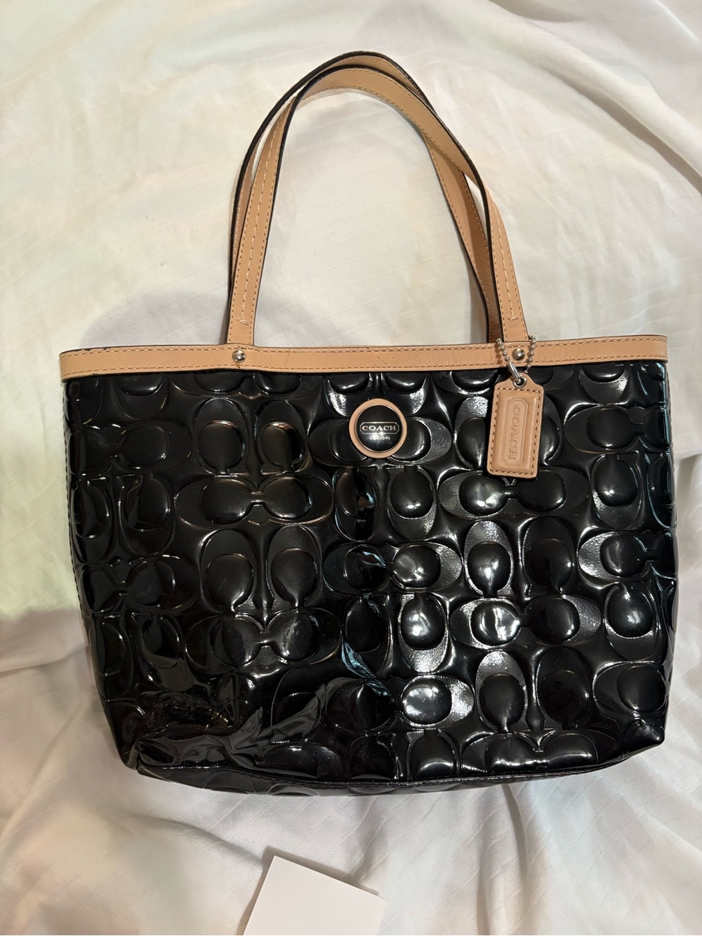 Coach Black Patent Tote with Tan Trim and Signature Emboss